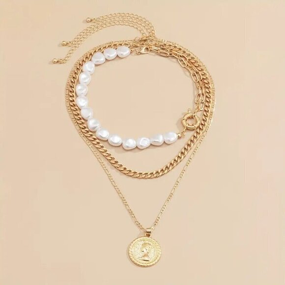 3Pcs Women Beautiful Vintage Baroque Style Faux Pearl Stitching Pendant Necklace - Picture 5 of 8